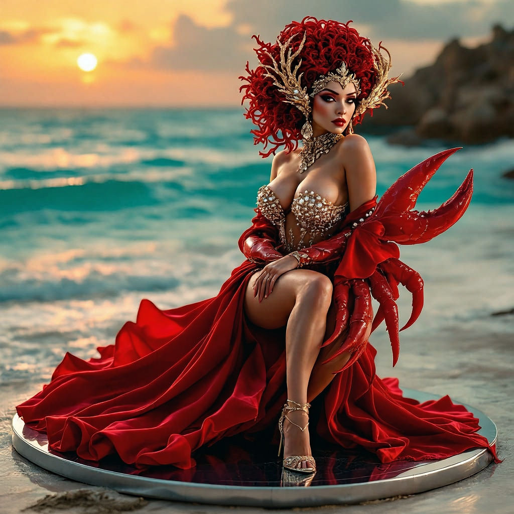 Confident Drag Supermodel Reigns on Tropical Beach at Sunset
