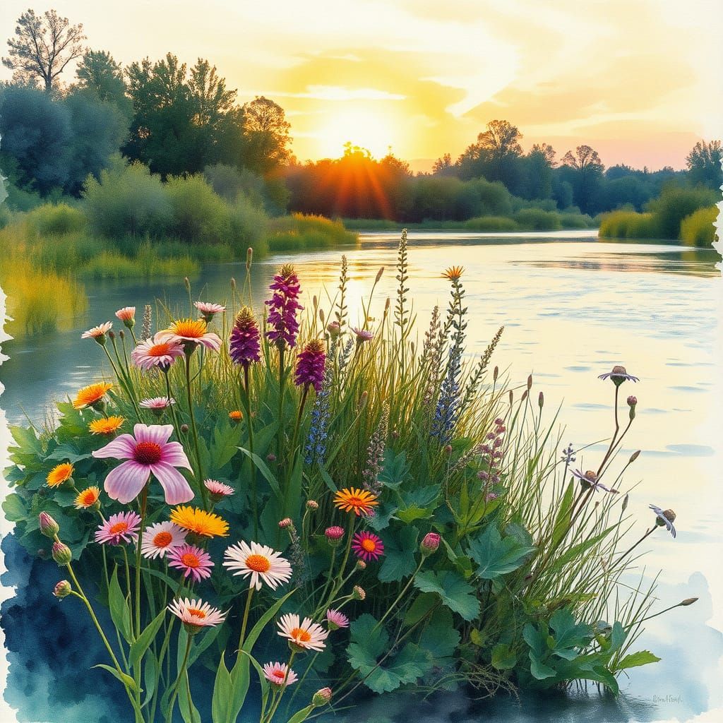 Impressionistic Riverbank Scene with Wildflowers at Sunset