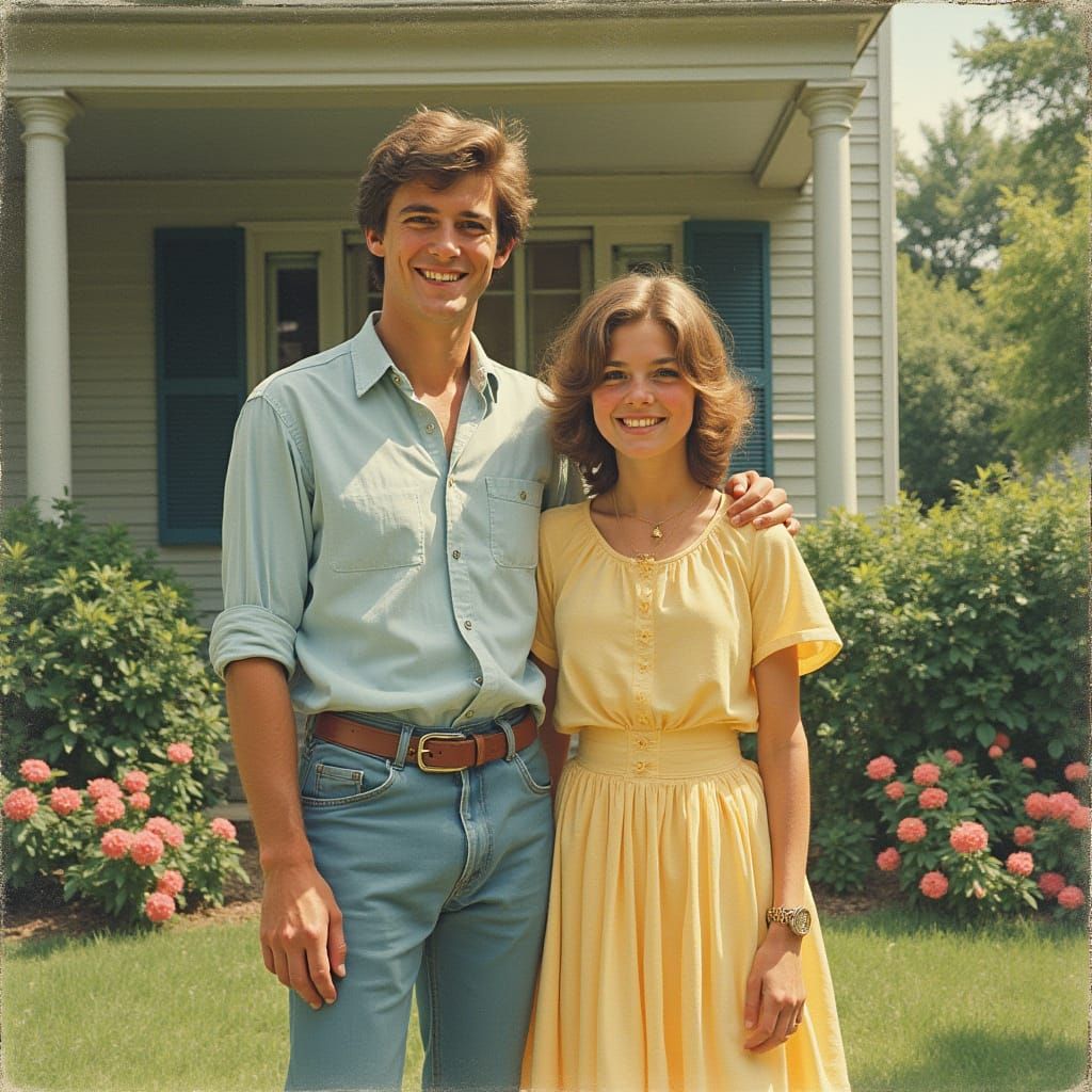 Nostalgic Portrait of Siblings in Front of Childhood Home
