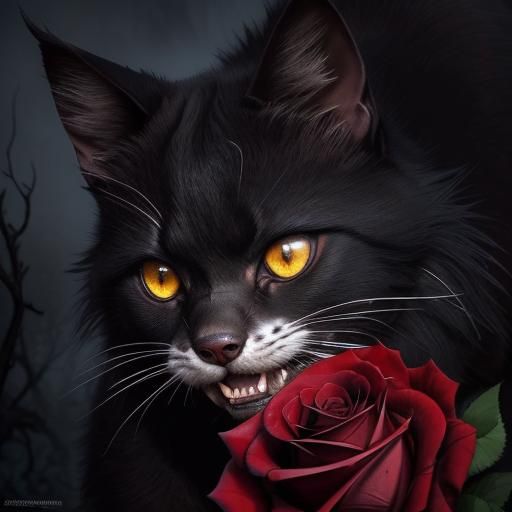 Eerie Black Cat Snarling Among Red Roses