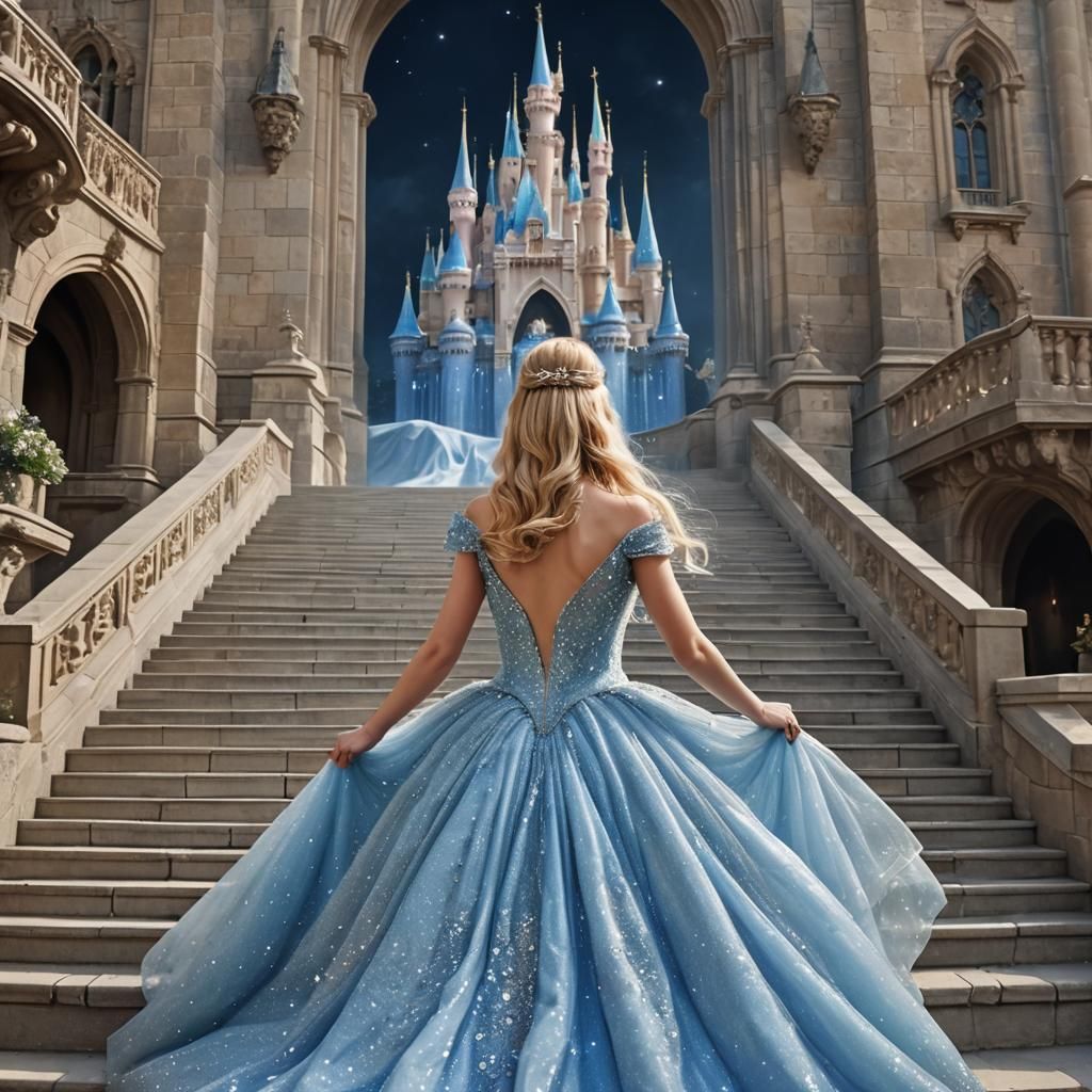 Cinderella Enters Enchanted Castle in Ethereal Fantasy Style