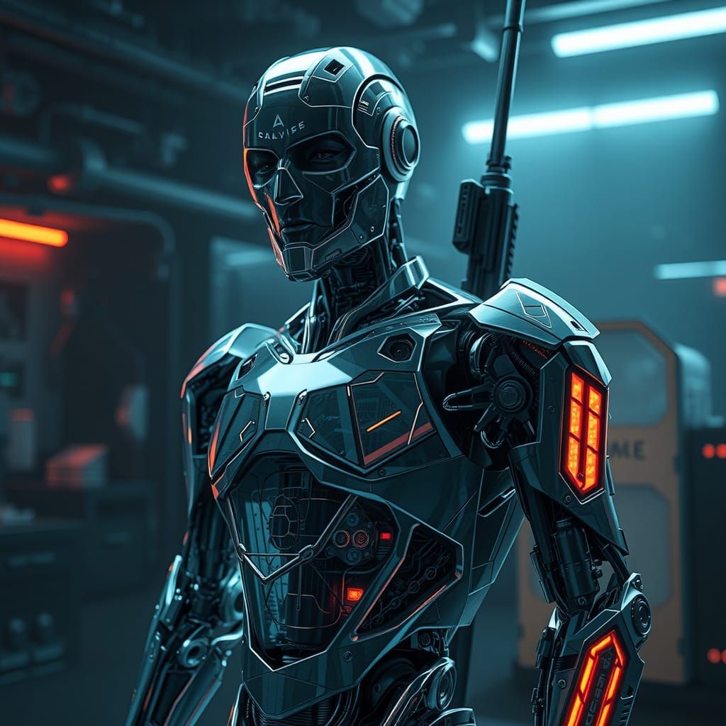 Glass Robot Warrior in Futuristic Lab