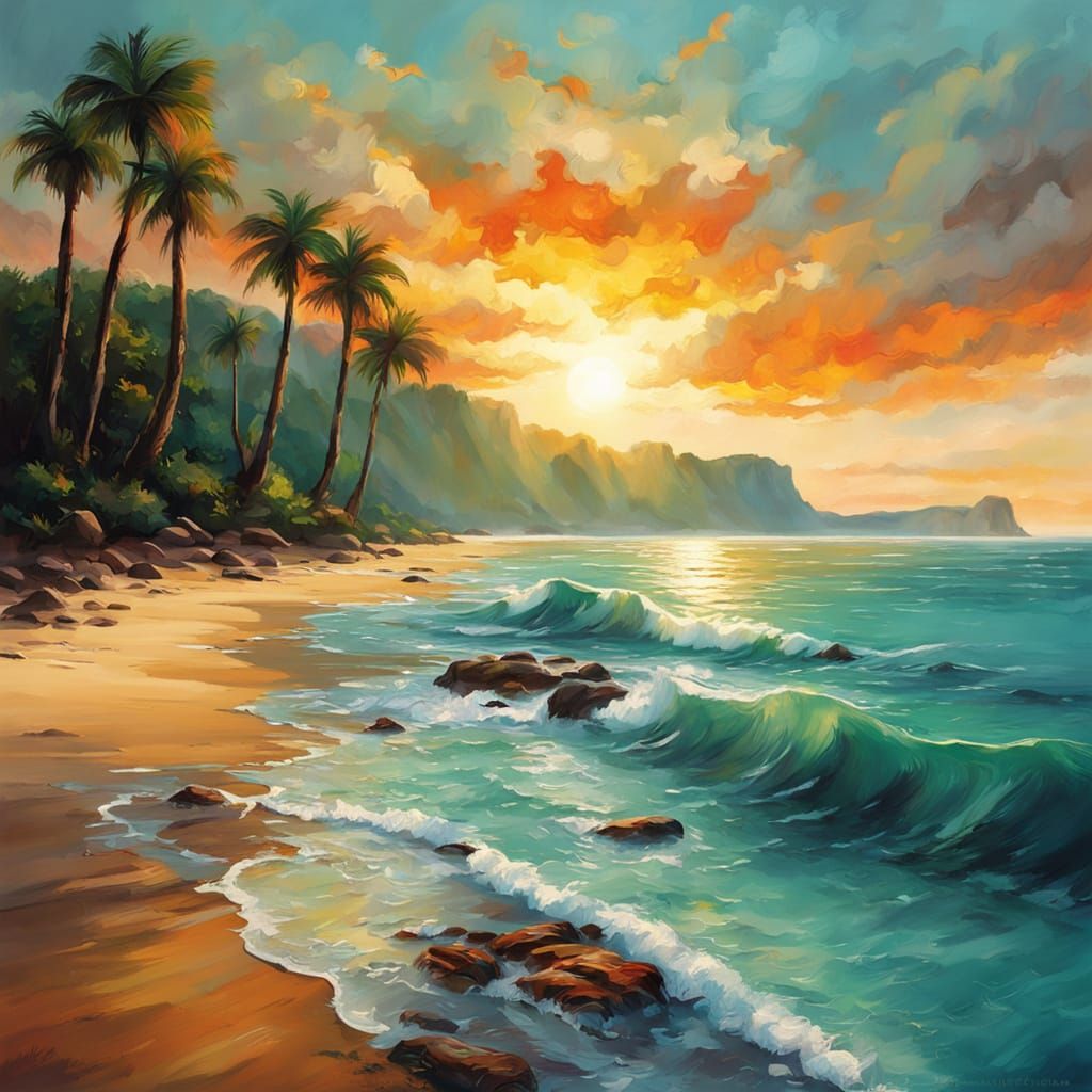 Breathtaking Sunrise Over Turquoise Ocean in Mixed Media