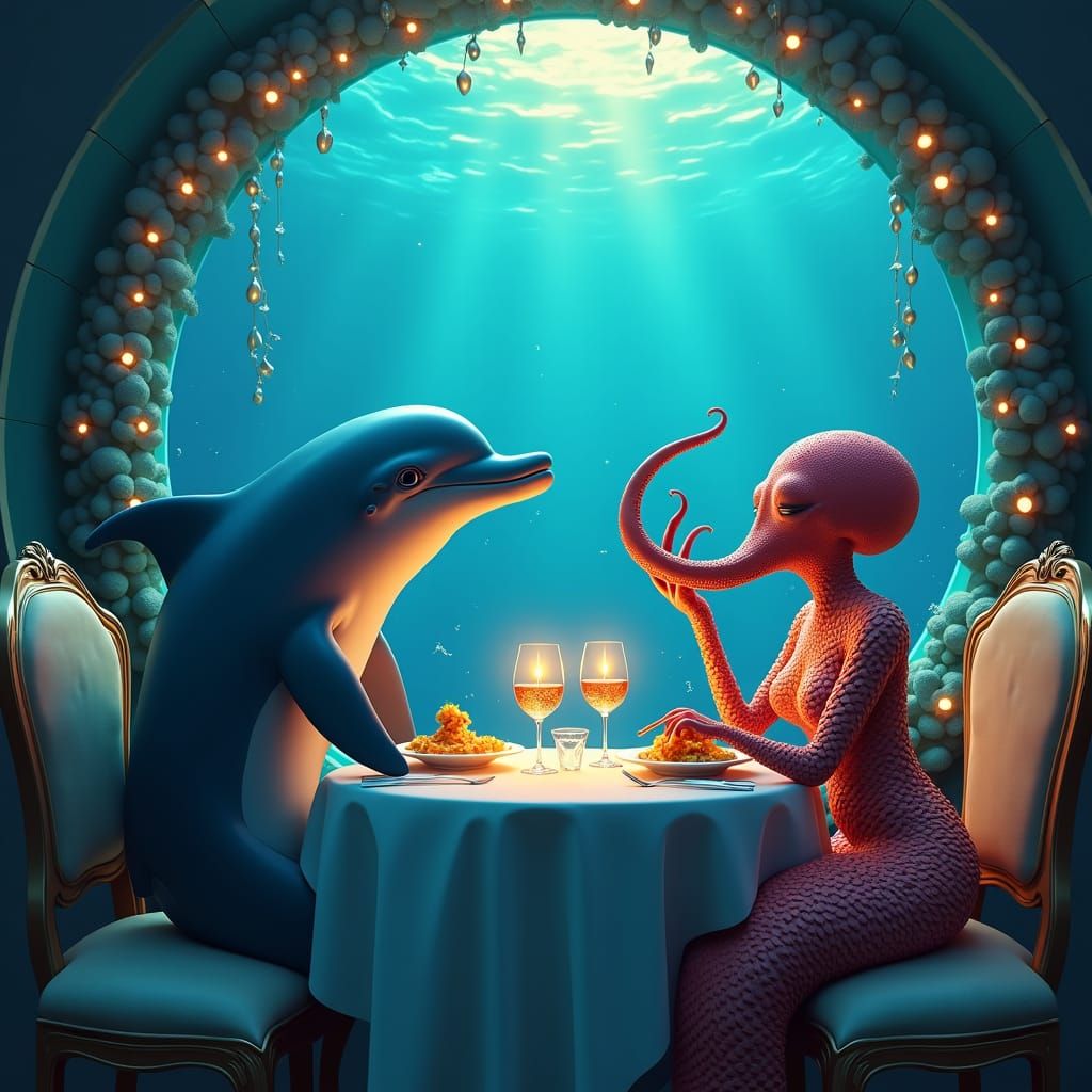 Underwater Date: Dolphin and Octopus Dinner