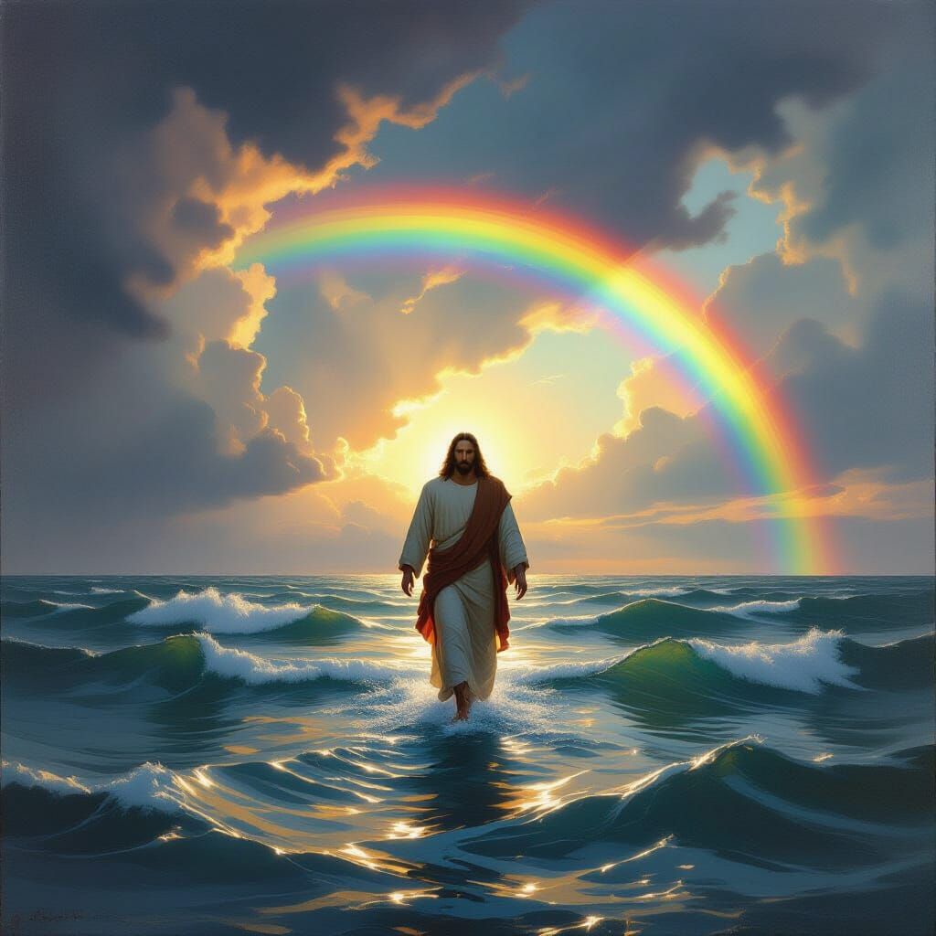 Jesus Christ Walks on Water Under Rainbow