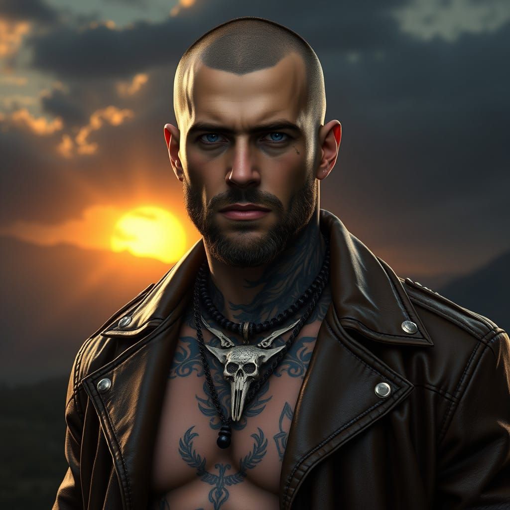 Dark Fantasy Warrior in Riveted Bismuth Coat with Vivid Tatt...