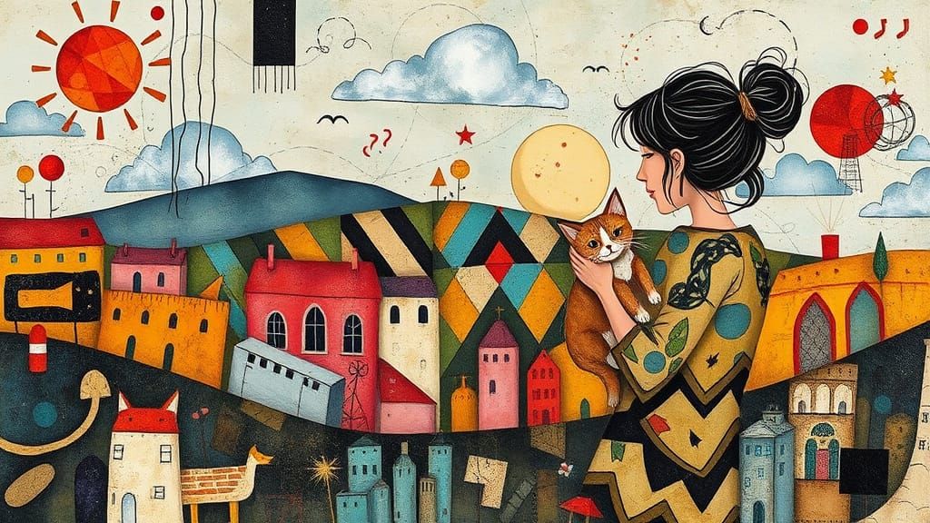 Whimsical Abstract Mixed Media Art with Cat and Companion