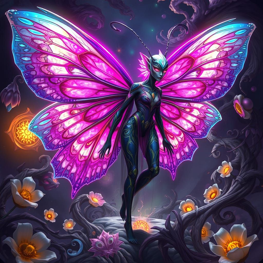 A mesmerizing and otherworldly painting featuring a central figure that is a captivating fusion of a humanoid and a butt...