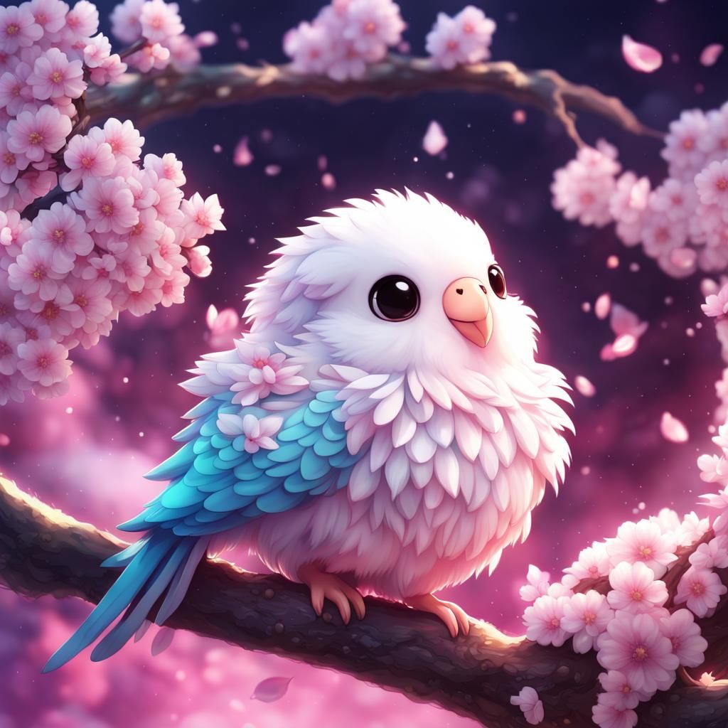 Adorable Chibi Parakeet with Cherry Blossoms