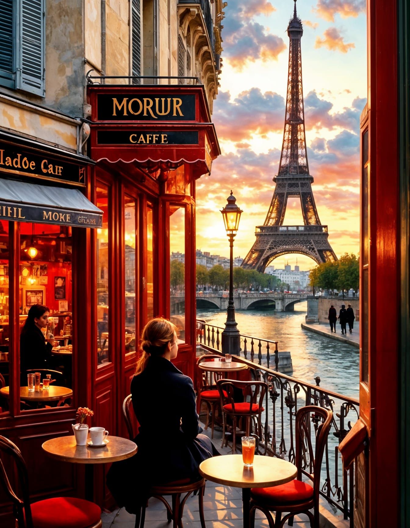 Parisian Cafe at Sunset with Eiffel Tower