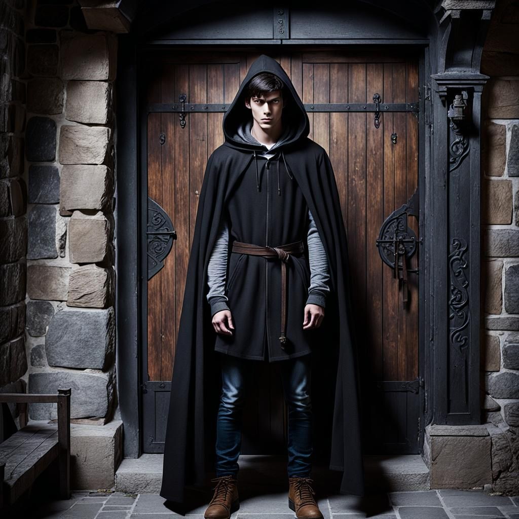 Nervous Teenager at Doorway in Stone Hall