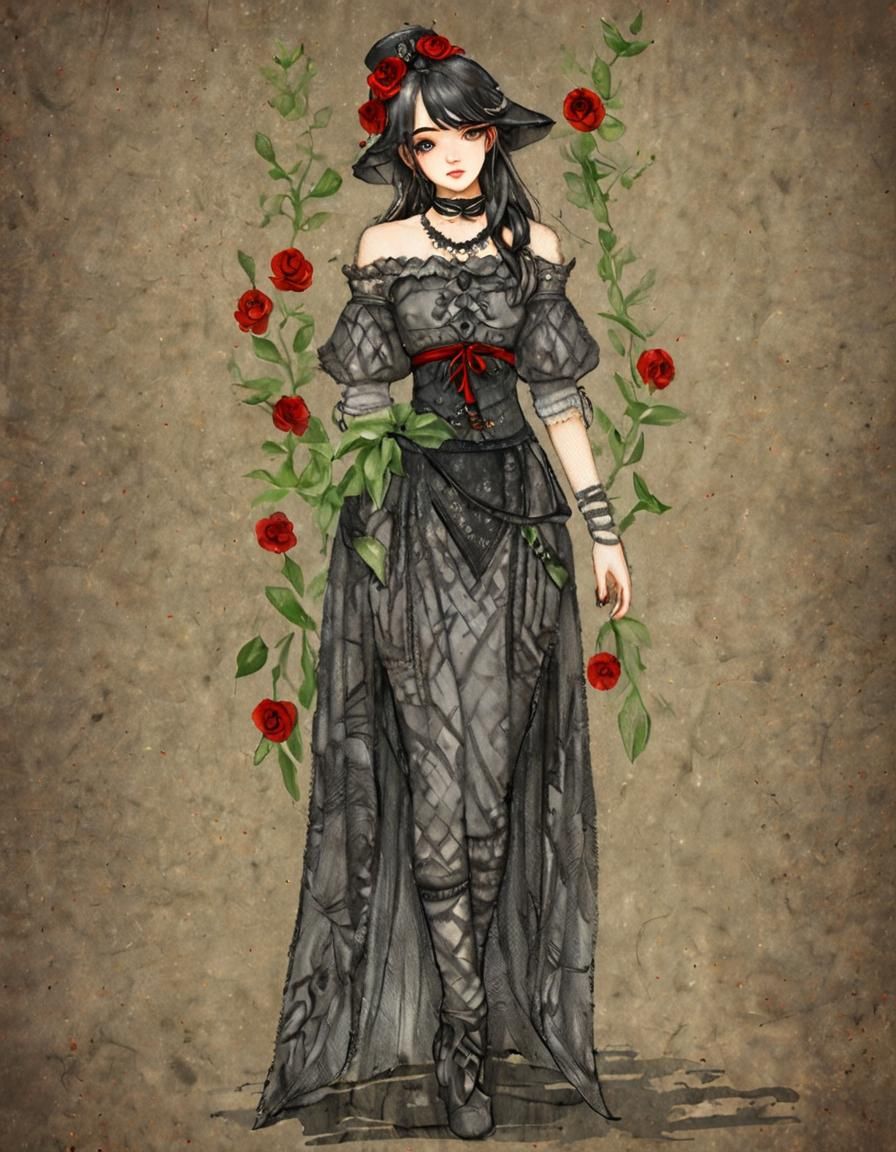 Elf Maiden in Vibrant Black and Red Attire, Surrounded by Fl...