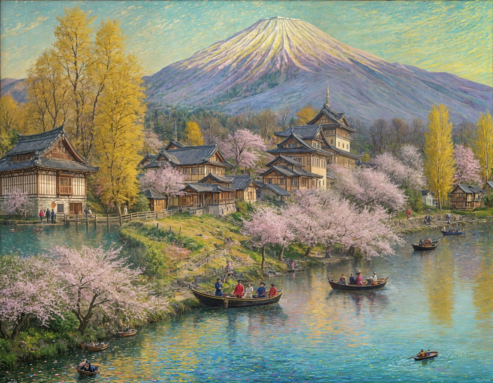 Japanese Village Painting with Pagodas and Ships