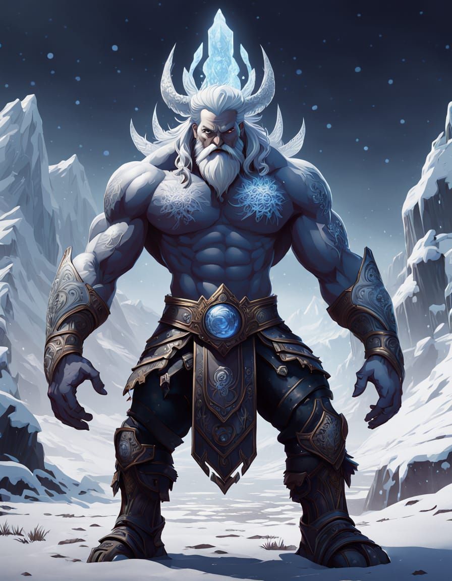 Imposing Ice Giant Jotun in Snowy Storm