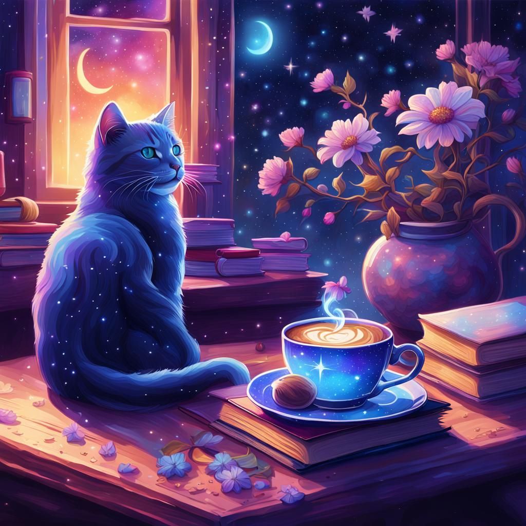 Cozy Room with Cat in Astral Cosmic Style
