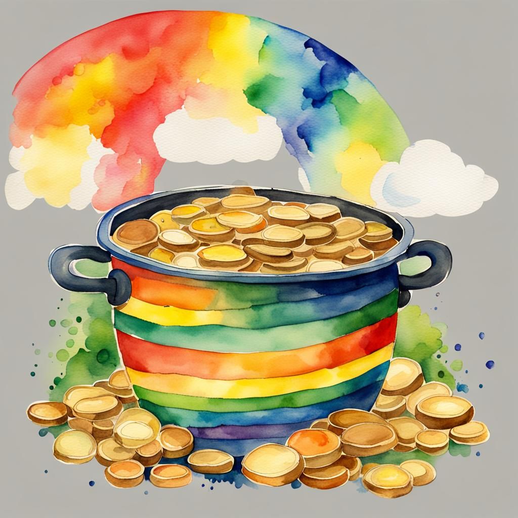 Watercolor Rainbow Leads to Pot of Gold