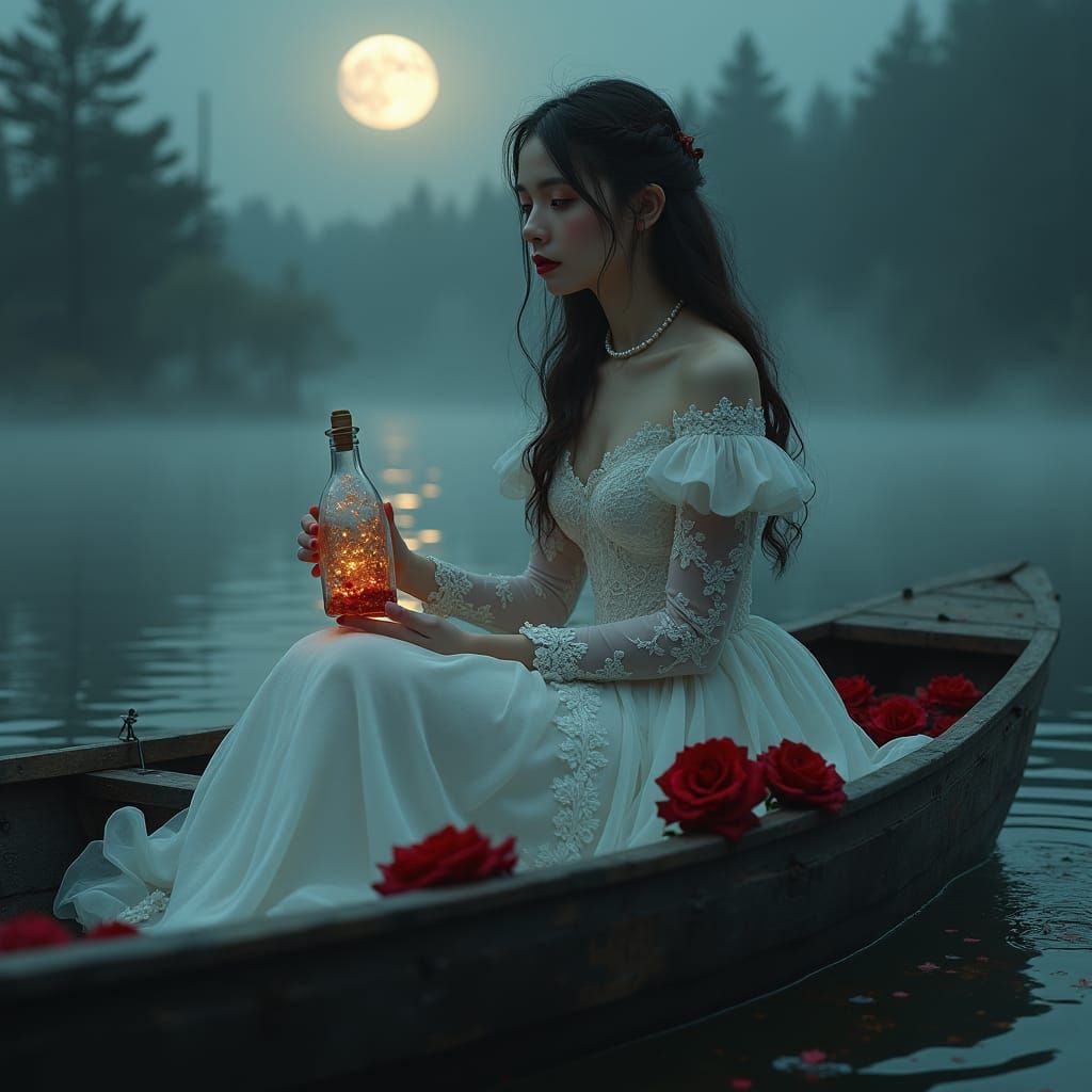 Gothic Girl on Lake with Fireflies