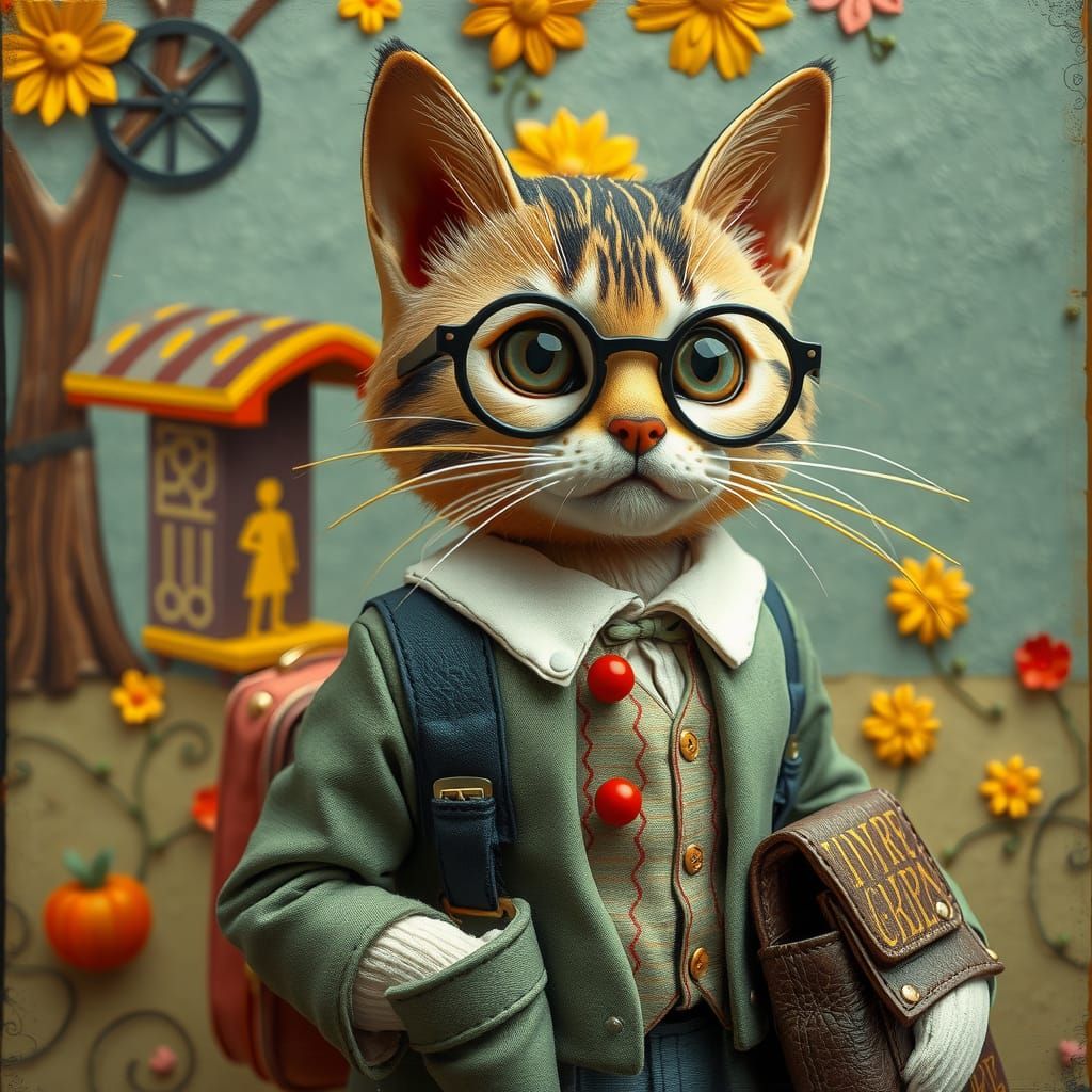 Whimsical Cat's First Day of School in Folk Art Style