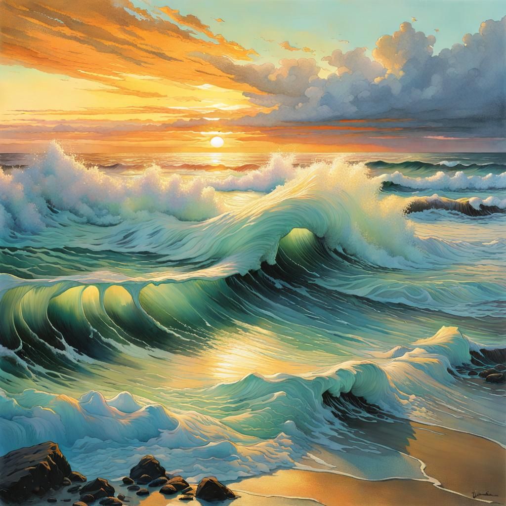 Golden Hour Ocean Beach in Watercolour