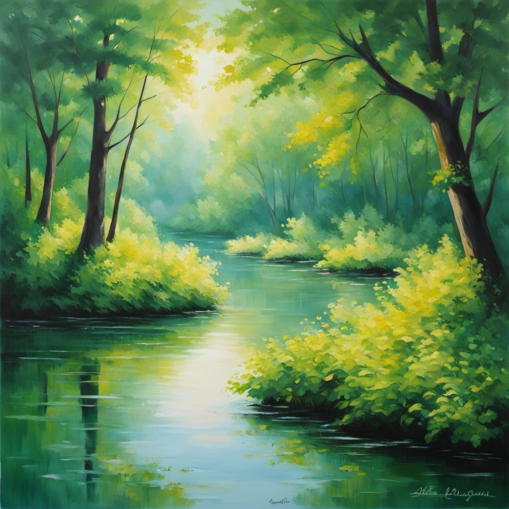 Vibrant Oil Painting of a Misty Park Channel
