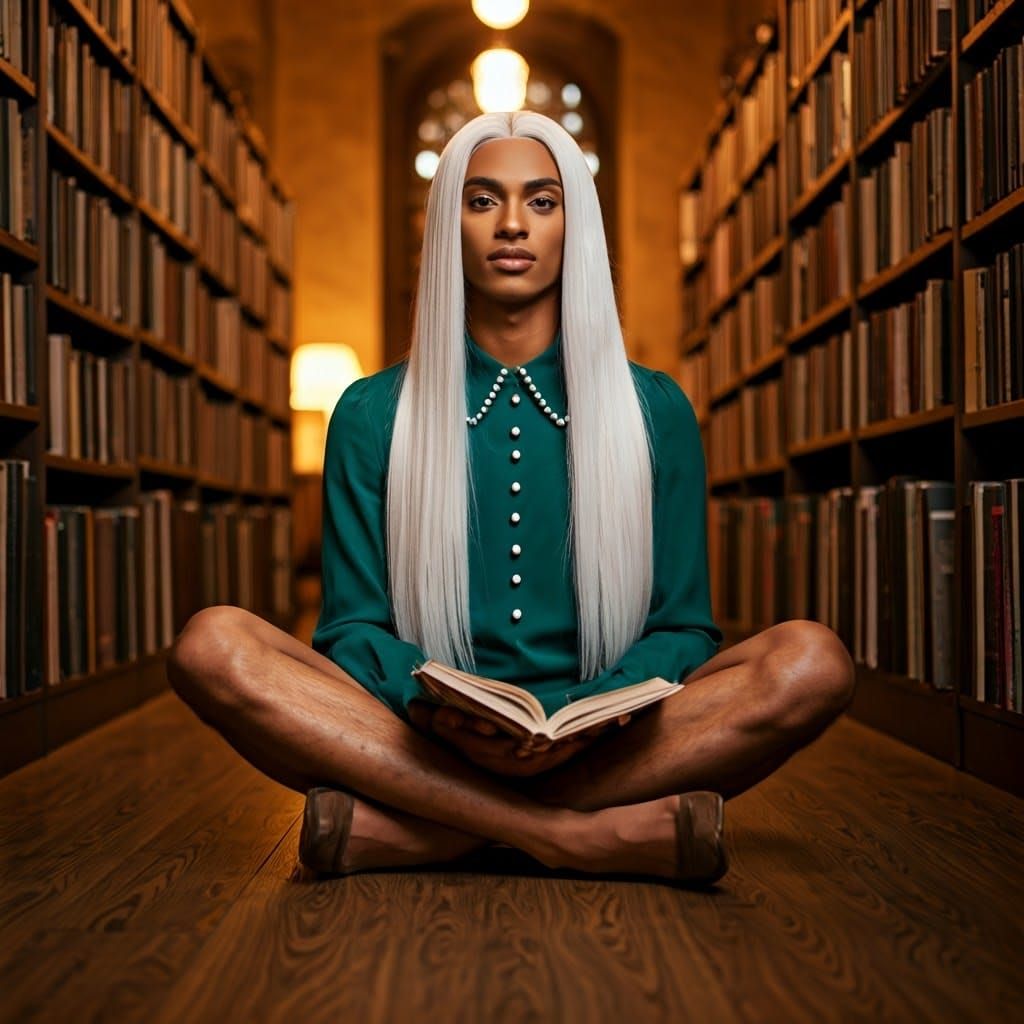 Masculine Gentleman in Emerald Green Minidress in Serene Lib...