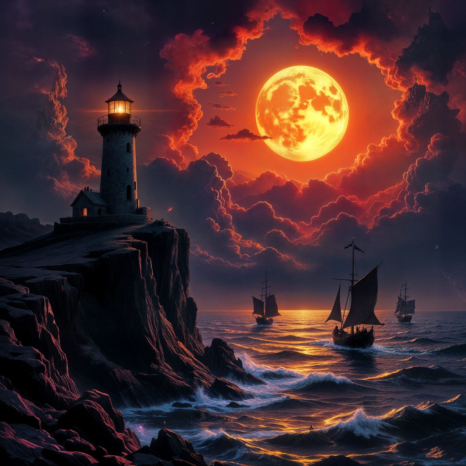 Spectral Lighthouse on Obsidian Cliff Above Molten Gold Sea