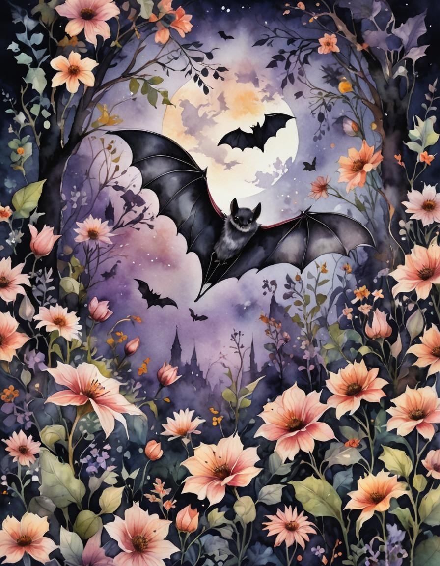 Gothic Bat in Moonlit Botanical Watercolor