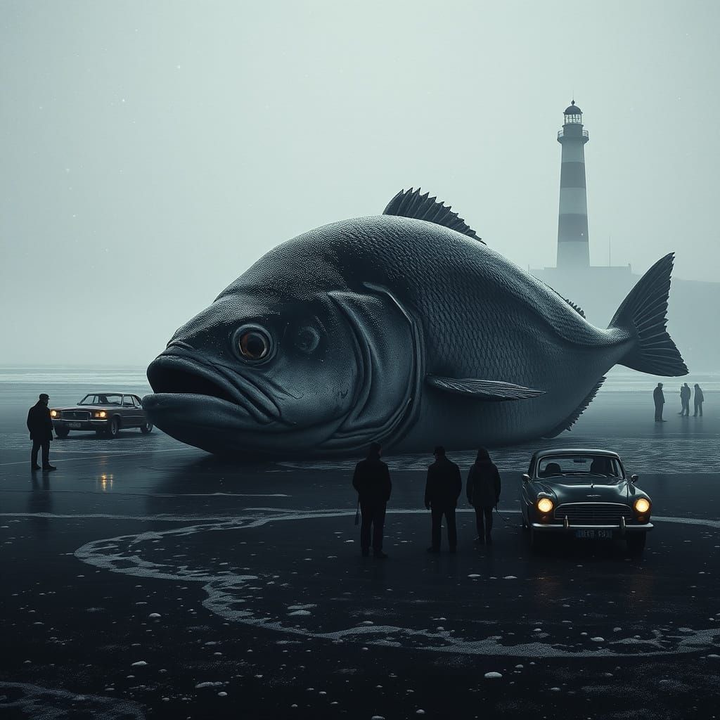 Monochrome Beached Fish Under Snowfall: Noir Scene