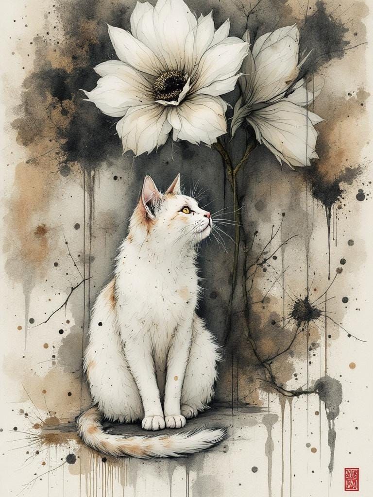 Cat with Flower in Yoshitaka Amano and Ralph Steadman Style