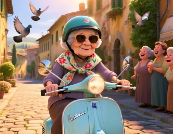 Elderly Woman's Vespa Ride Through Tuscany: Pixar-style 3D R...