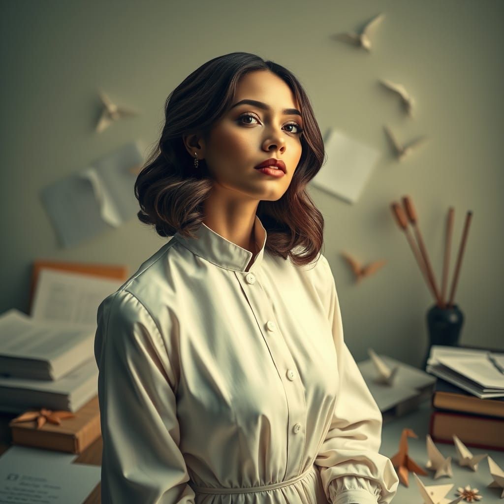 Elegant Woman Surrounded by Origami Paper Art in Soft Focus