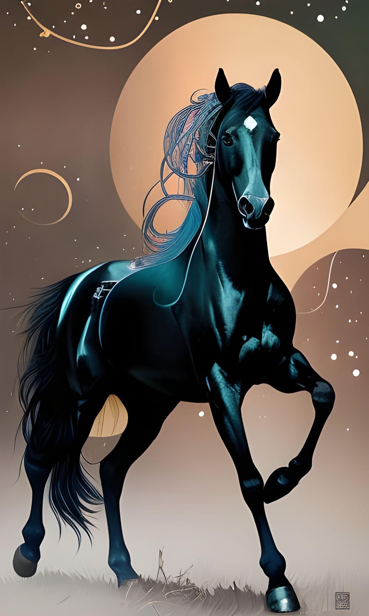 Portrait of Black Horse with Golden Outlines