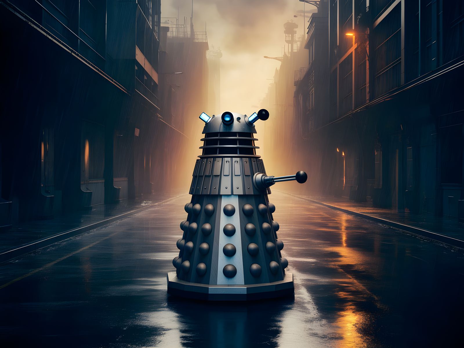 Weathered Dalek Patrols Dystopian Metropolis in Airbrush Sty...