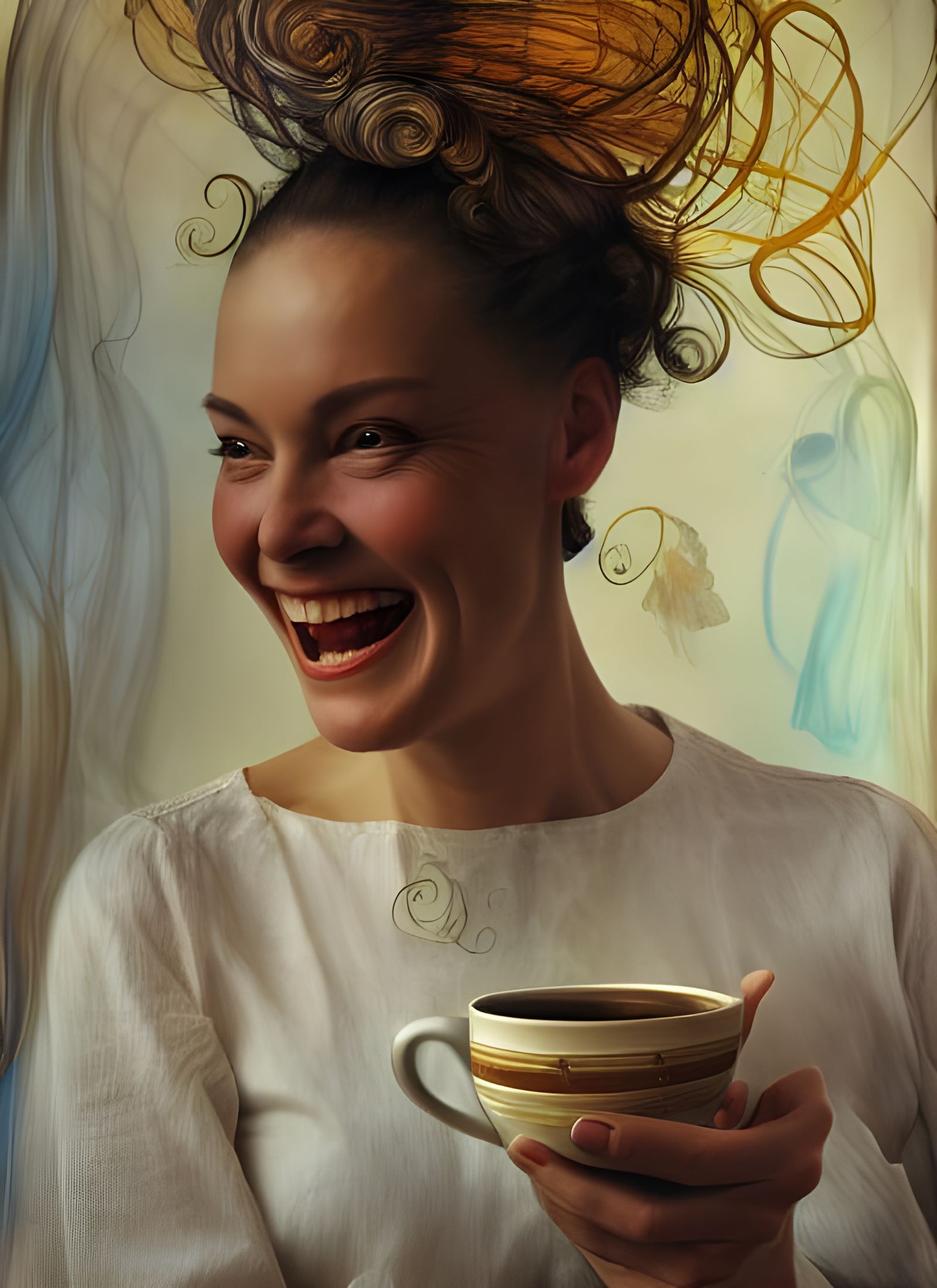 Woman Laughing in Cafe: Photorealistic Portrait