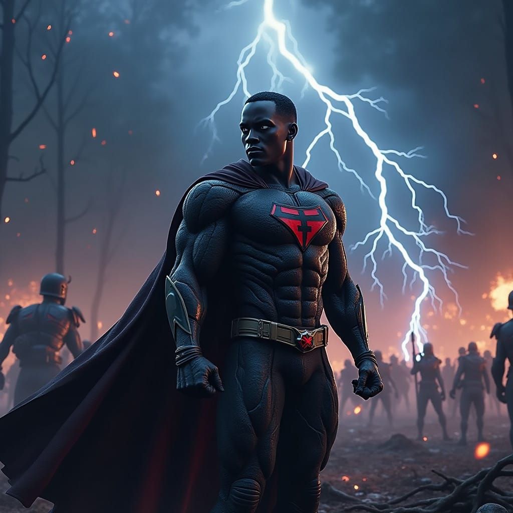 Epic Superhero Standoff in Dark Forest, Glowing with Laser F...