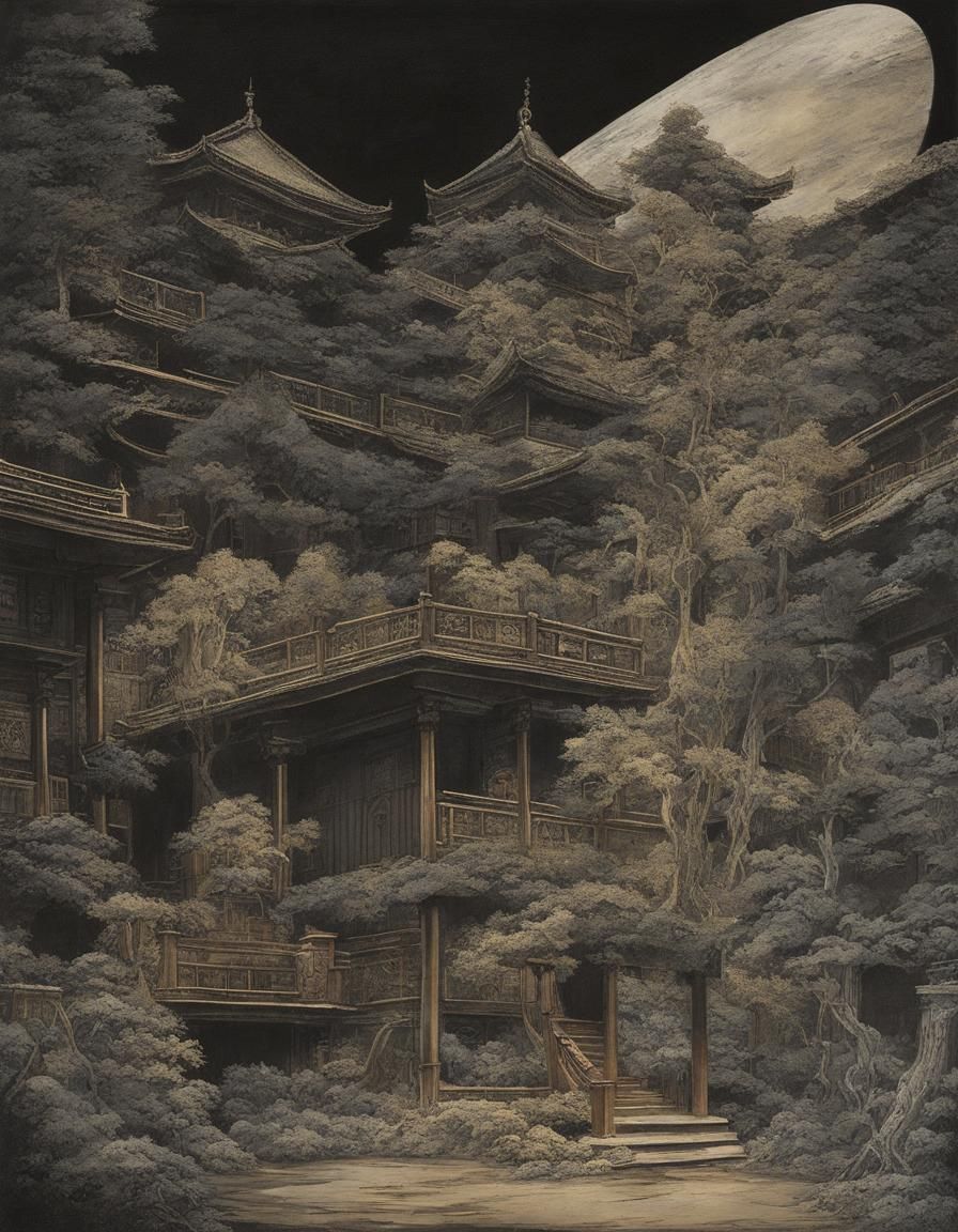 Eerie Yokai Legs Haunt Shadowy Building in Pointillism Style