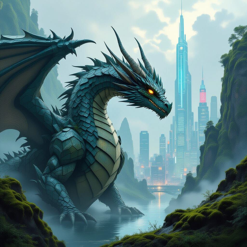 Dragon Merges Ancient Forest with Futuristic City