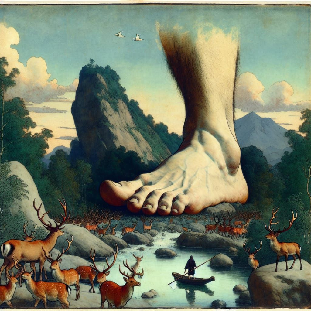 Giant Foot in Sumi-e Style with Fishing Figure