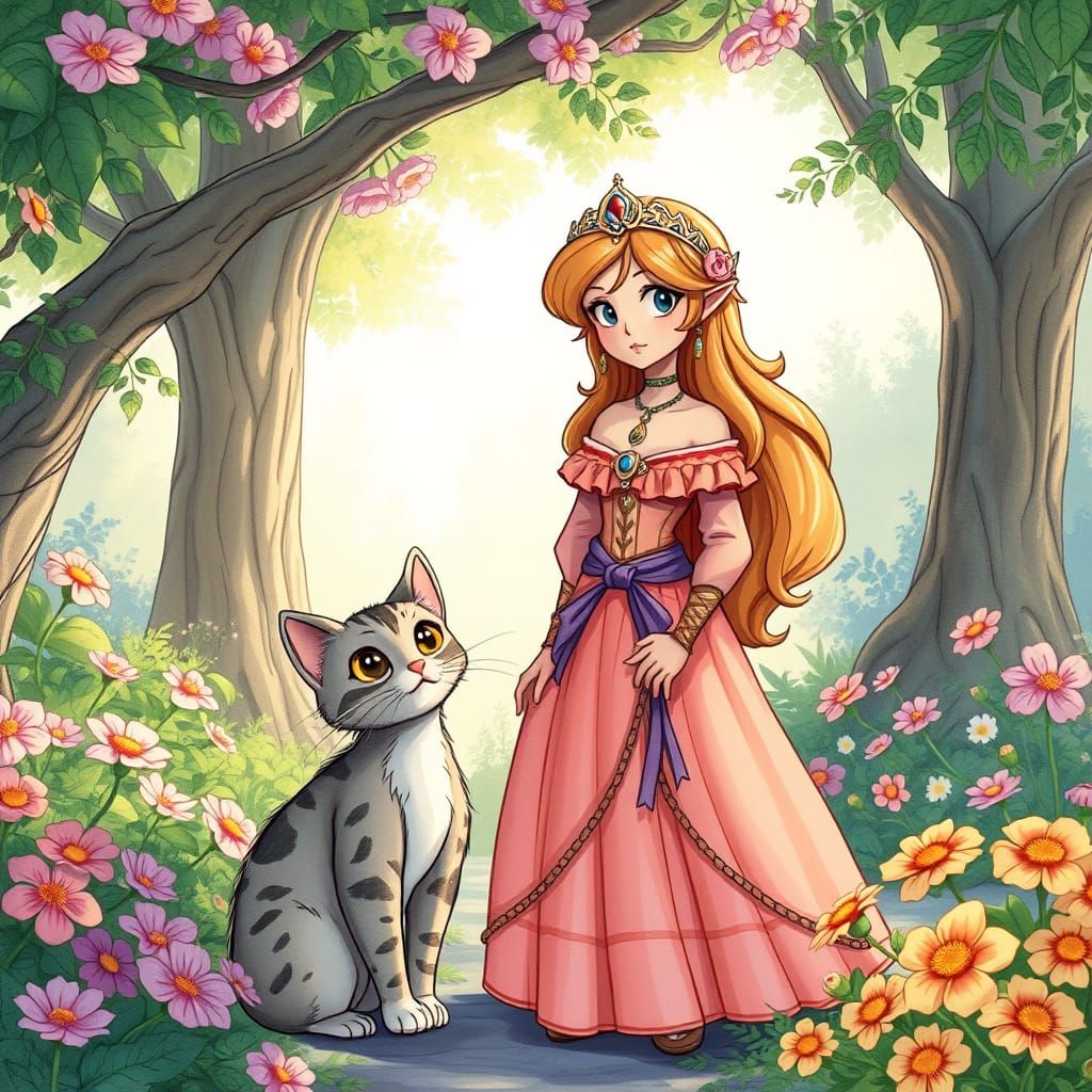 Whimsical Princess Ariane Surrounded by a Curious Cat in a V...