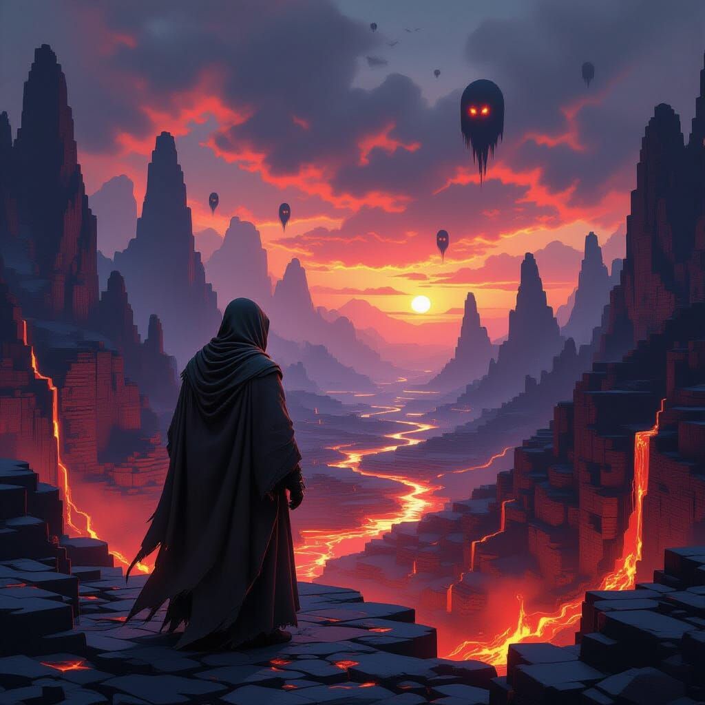 Minecraft Nether: Lone Figure in Atmospheric Landscape