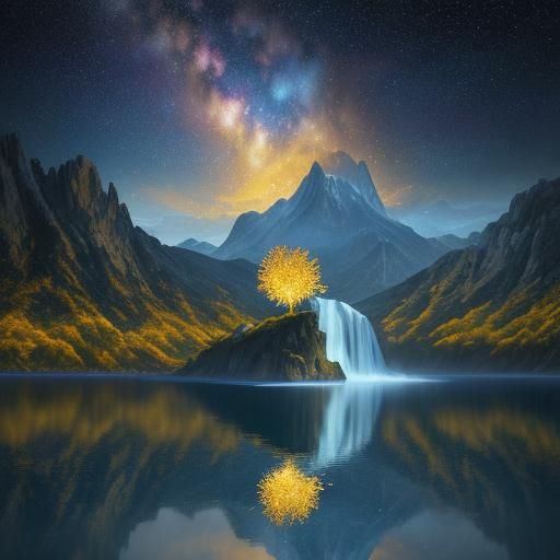 Surreal Lakeside Scene with Cosmic Sky