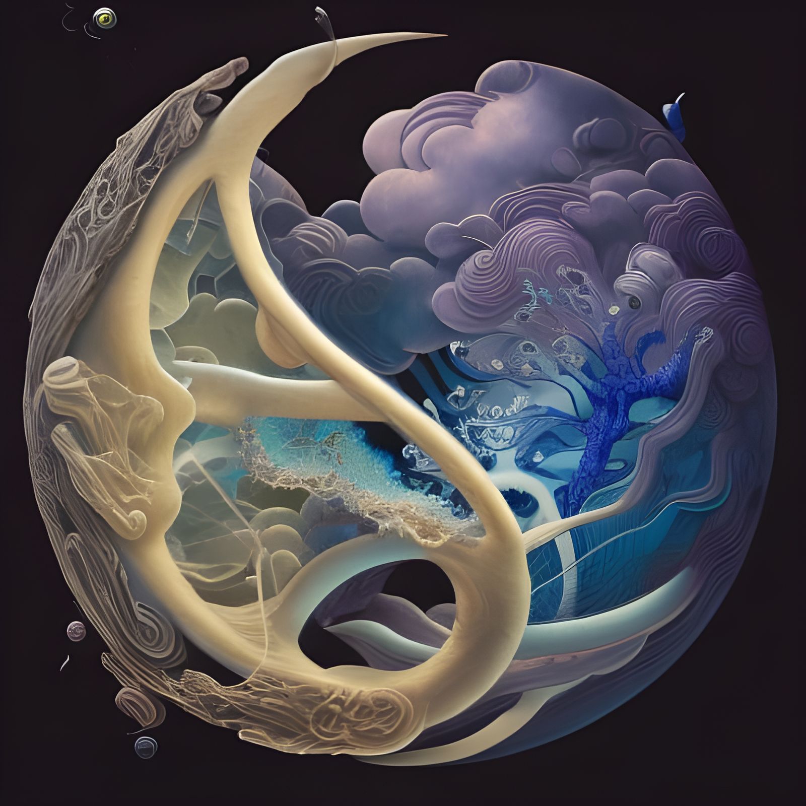 Yin Yang in Blue and Lilac Tones, Detailed Collage