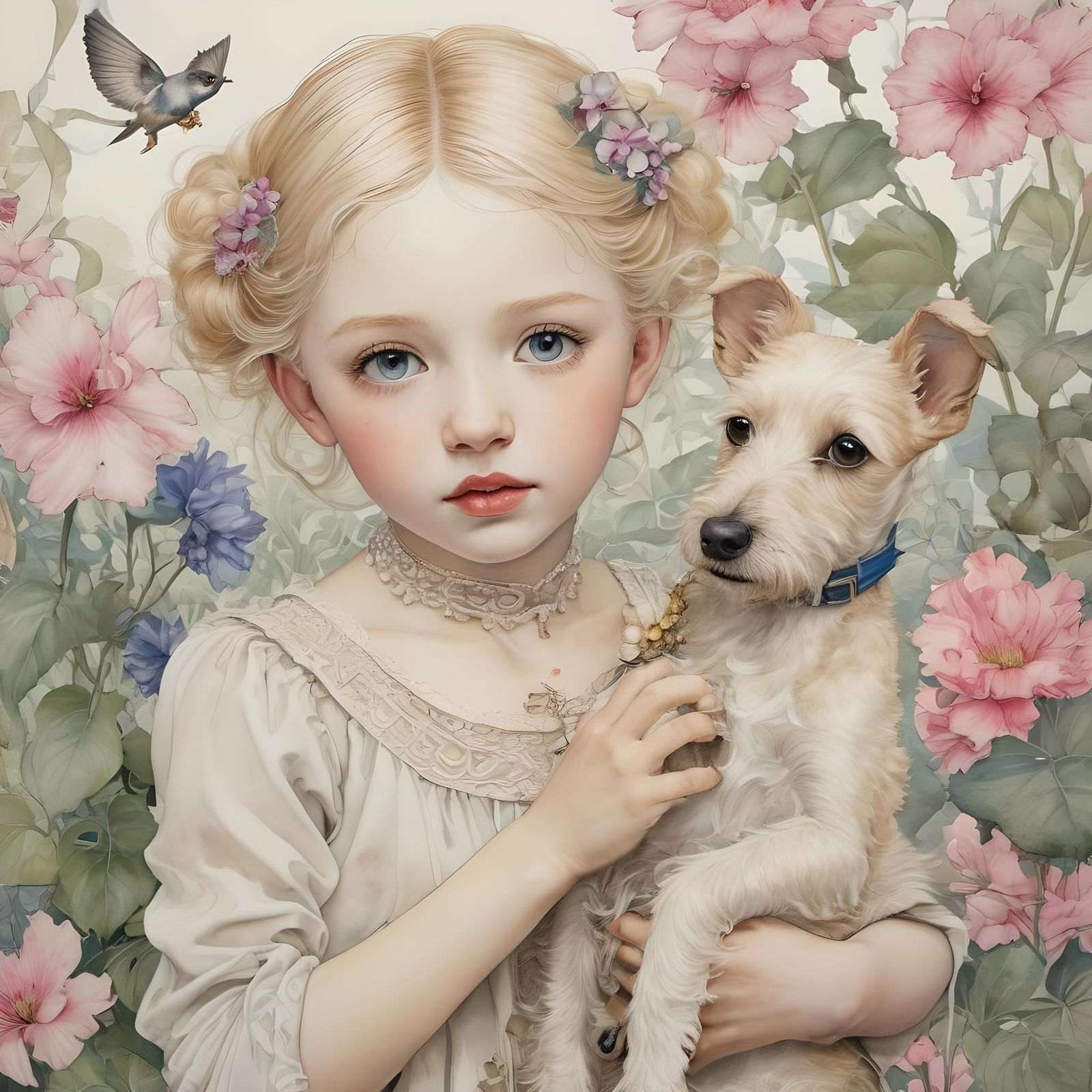 Whimsical Child and Puppy in Watercolor Fantasy
