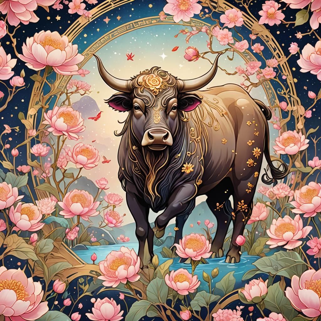Ethereal Art Nouveau Water Ox in Starry Meadow
