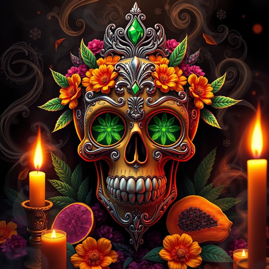 A richly detailed 2D illustration in the style of Día de los...