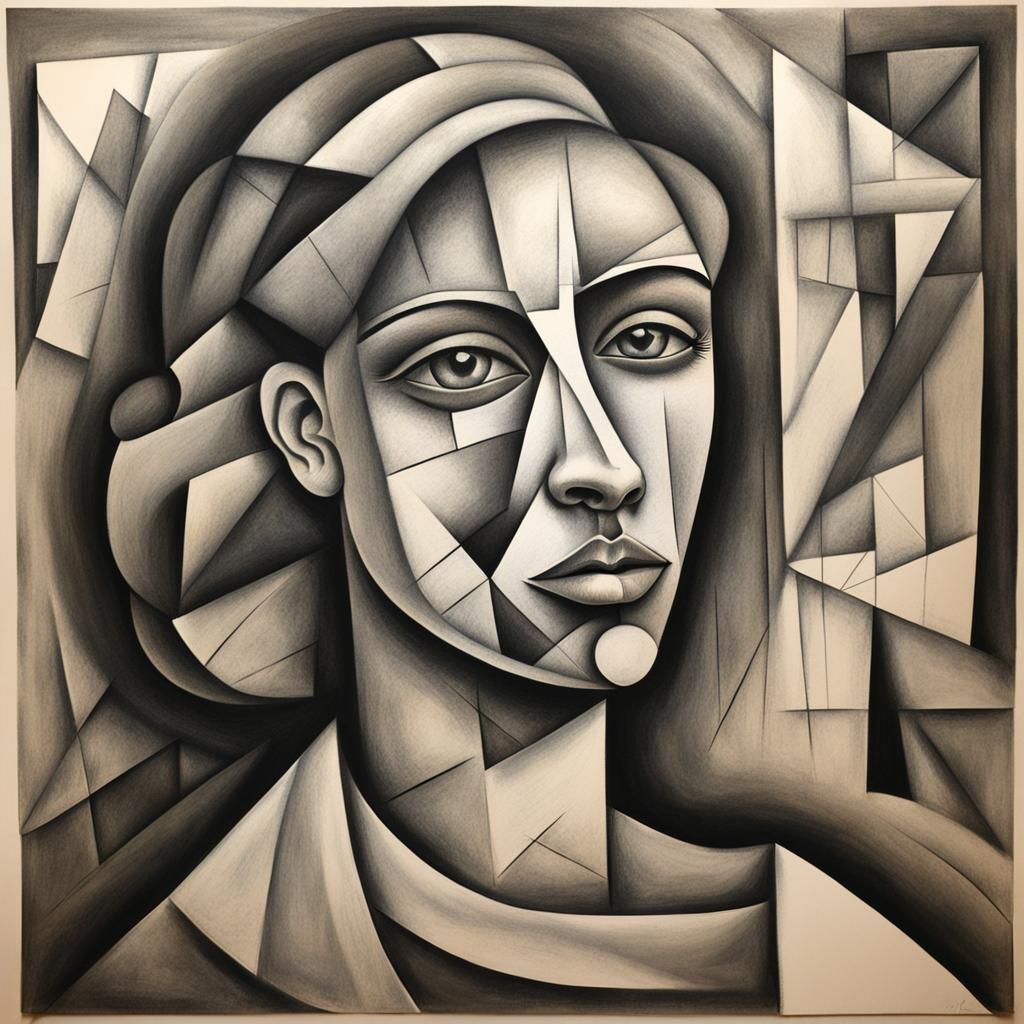 Abstract Cubist Woman: A Hyperdetailed Charcoal Drawing
