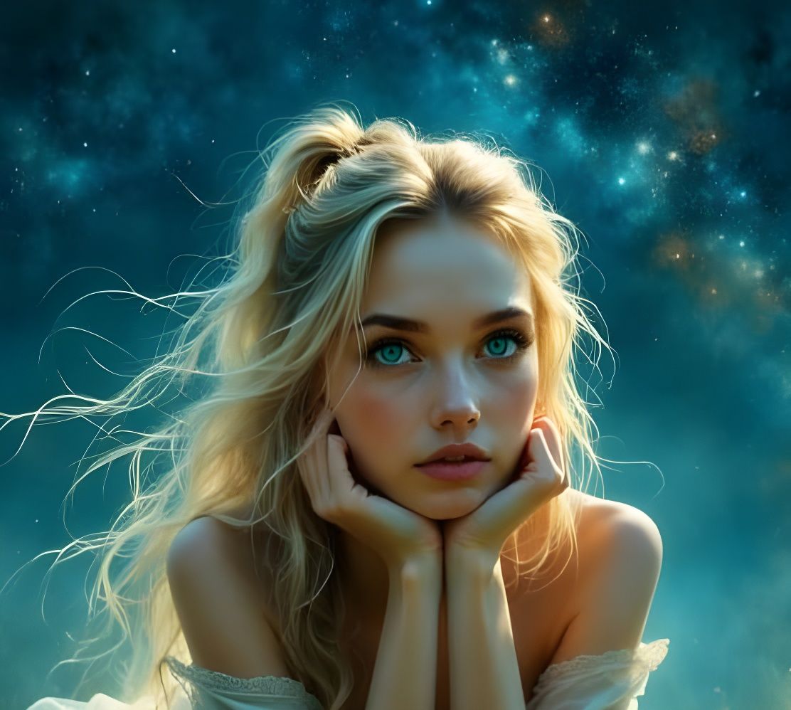 Norse Goddess Gazes at Starry Sky in Ethereal Mist