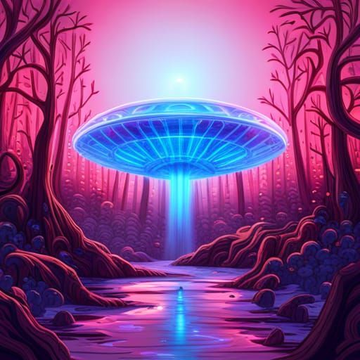 Metallic UFO over Lilac Forest in Graffiti Art