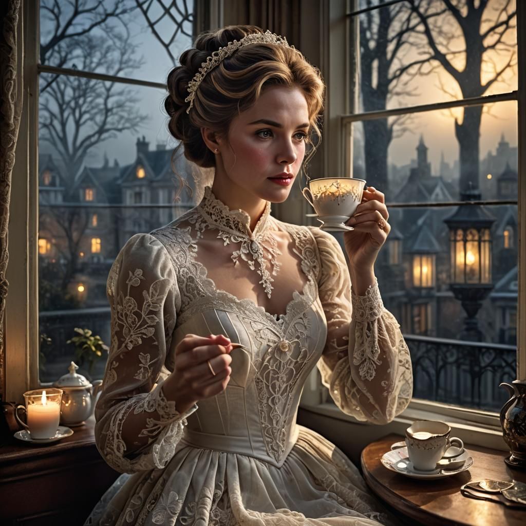 Victorian Lady Enjoying Tea by Candlelight