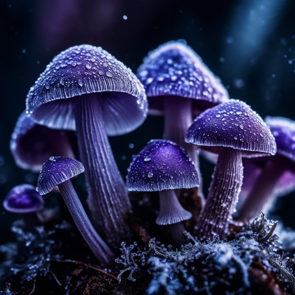 Frozen Purple Mushrooms Close-Up Photograph